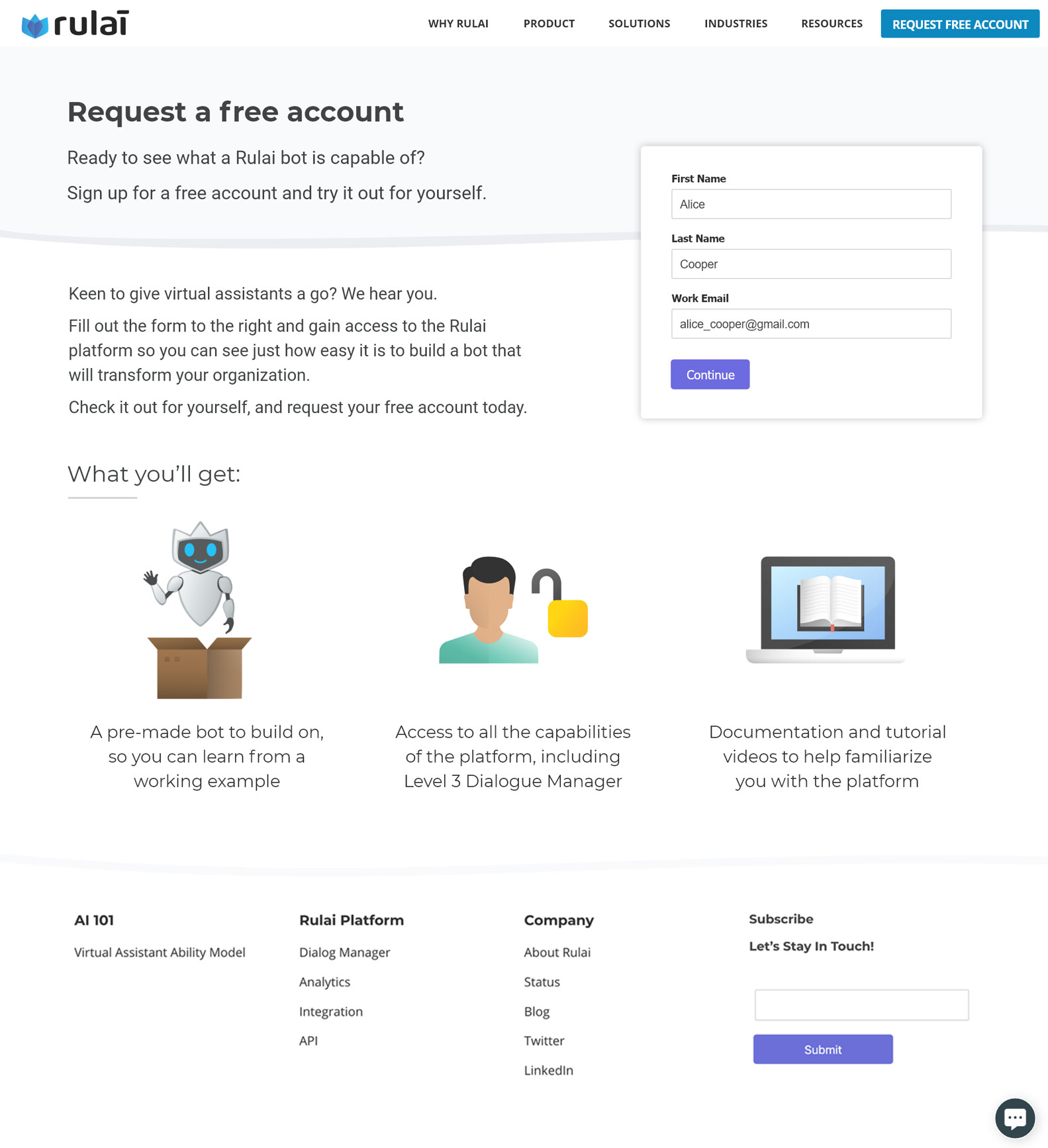 Screenshot of free account request page with form filled