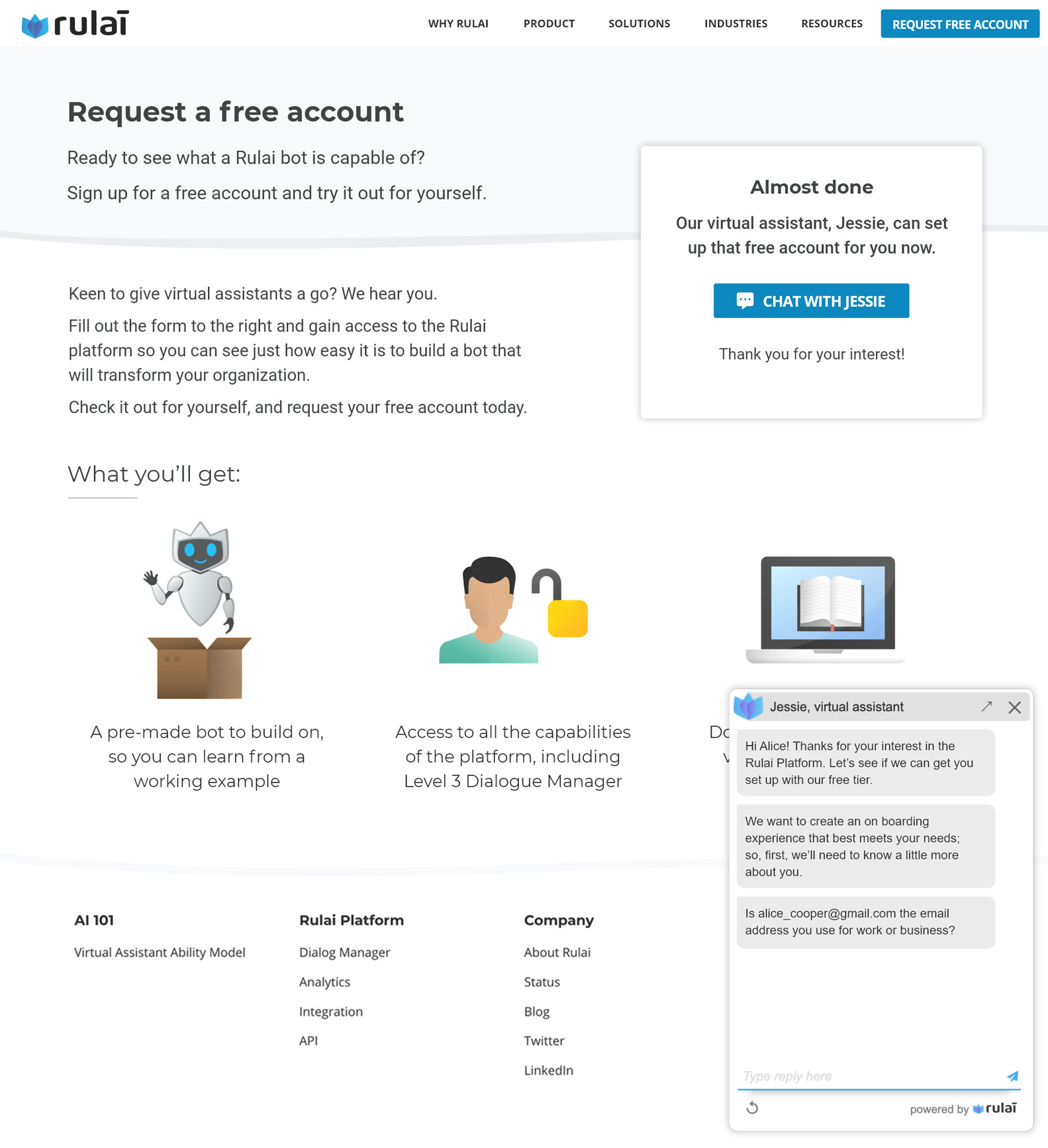 Screenshot of free account request page after form submit