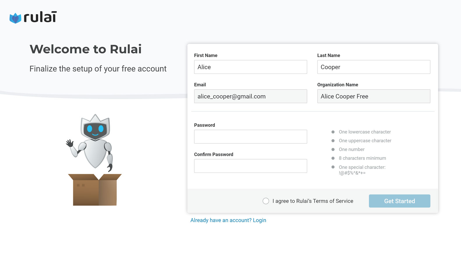 Screenshot of product login page to finalize free account