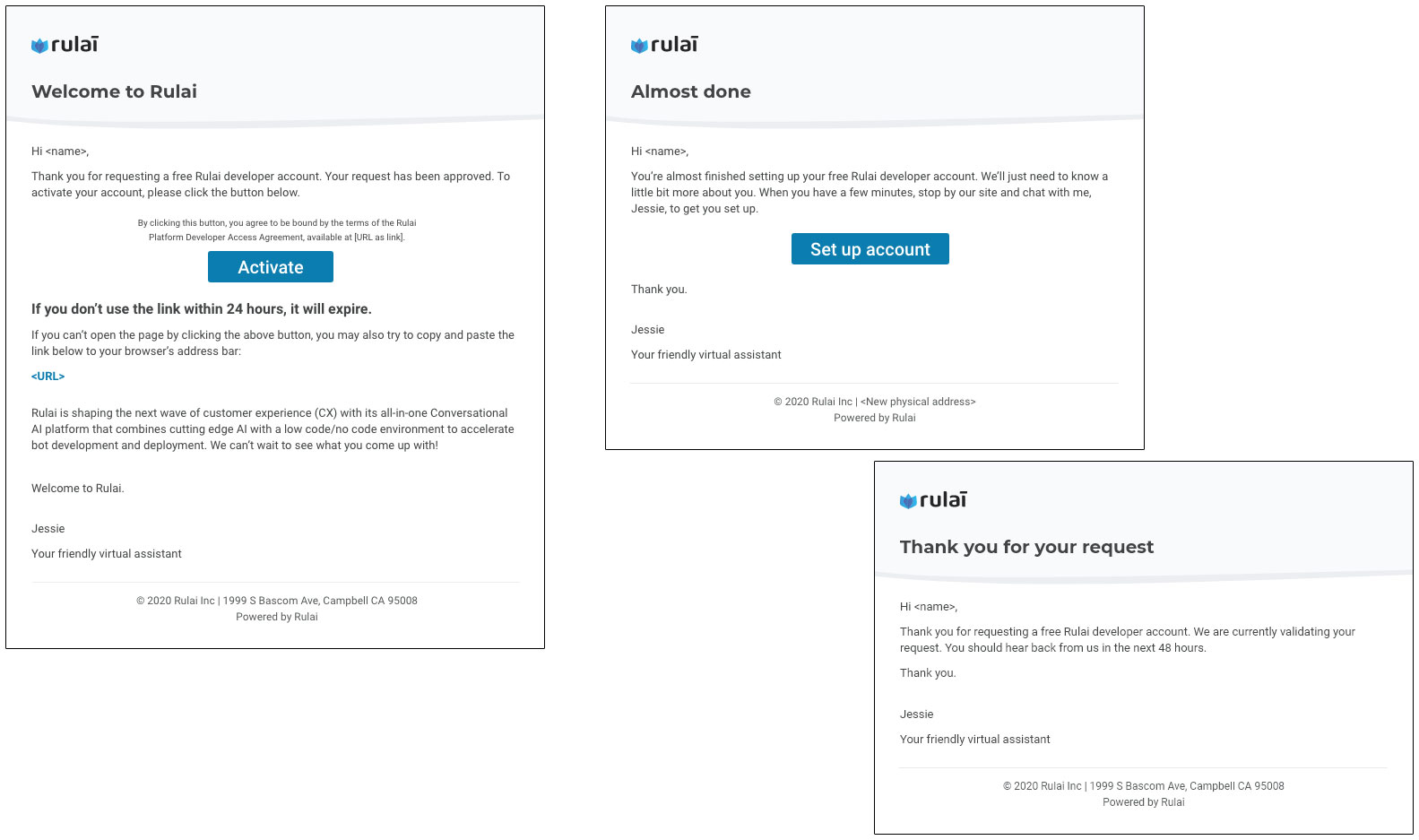 Screenshots of automatic e-mails, varying cases depending on e-mail validation process