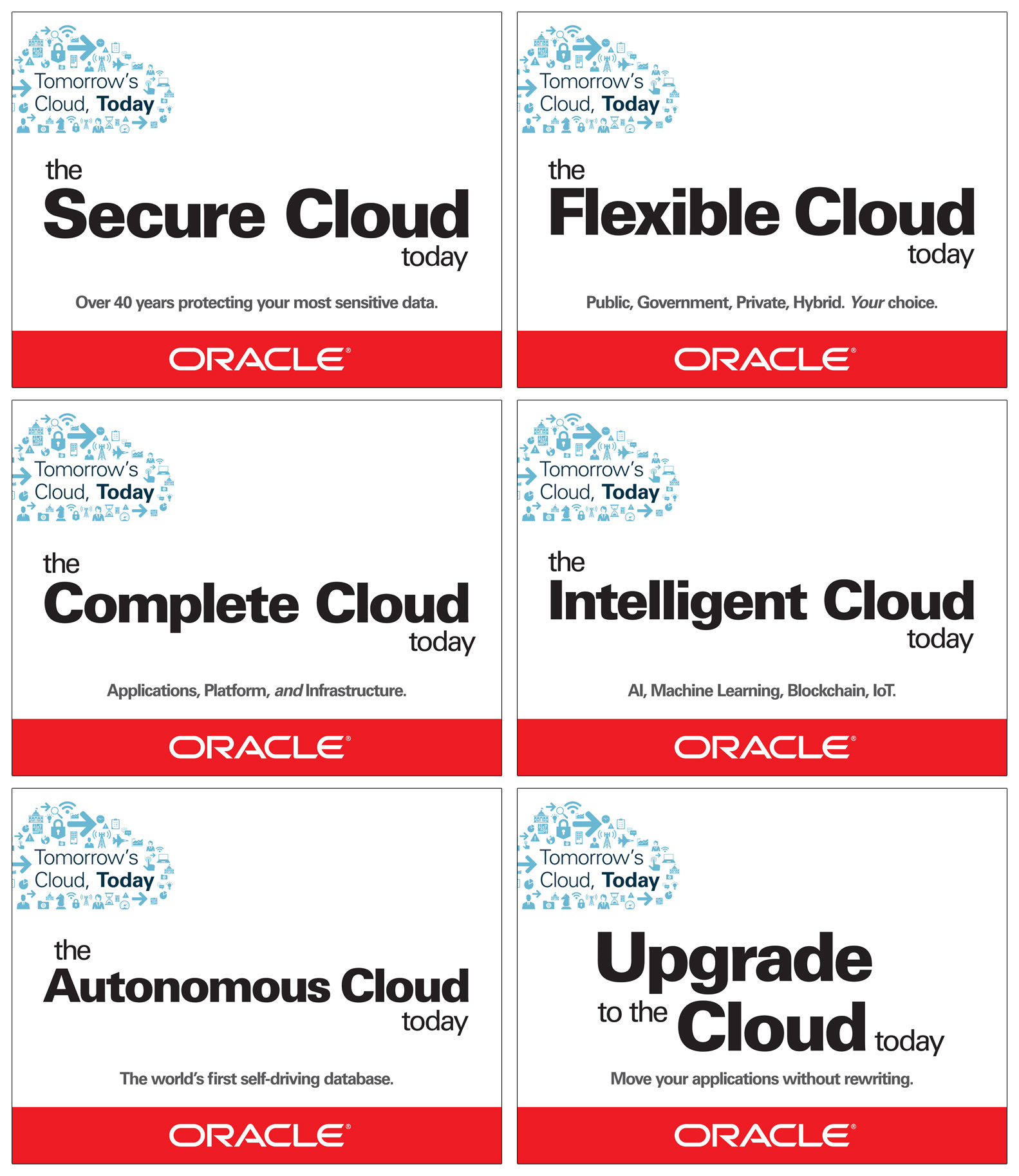 DC Metro posters, showing all six messages: The Secure Cloud Today, The Flexible Cloud Today, The Complete Cloud Today, The Intelligent Cloud Today, The Autonomous Cloud Today, Upgrade to the Cloud Today